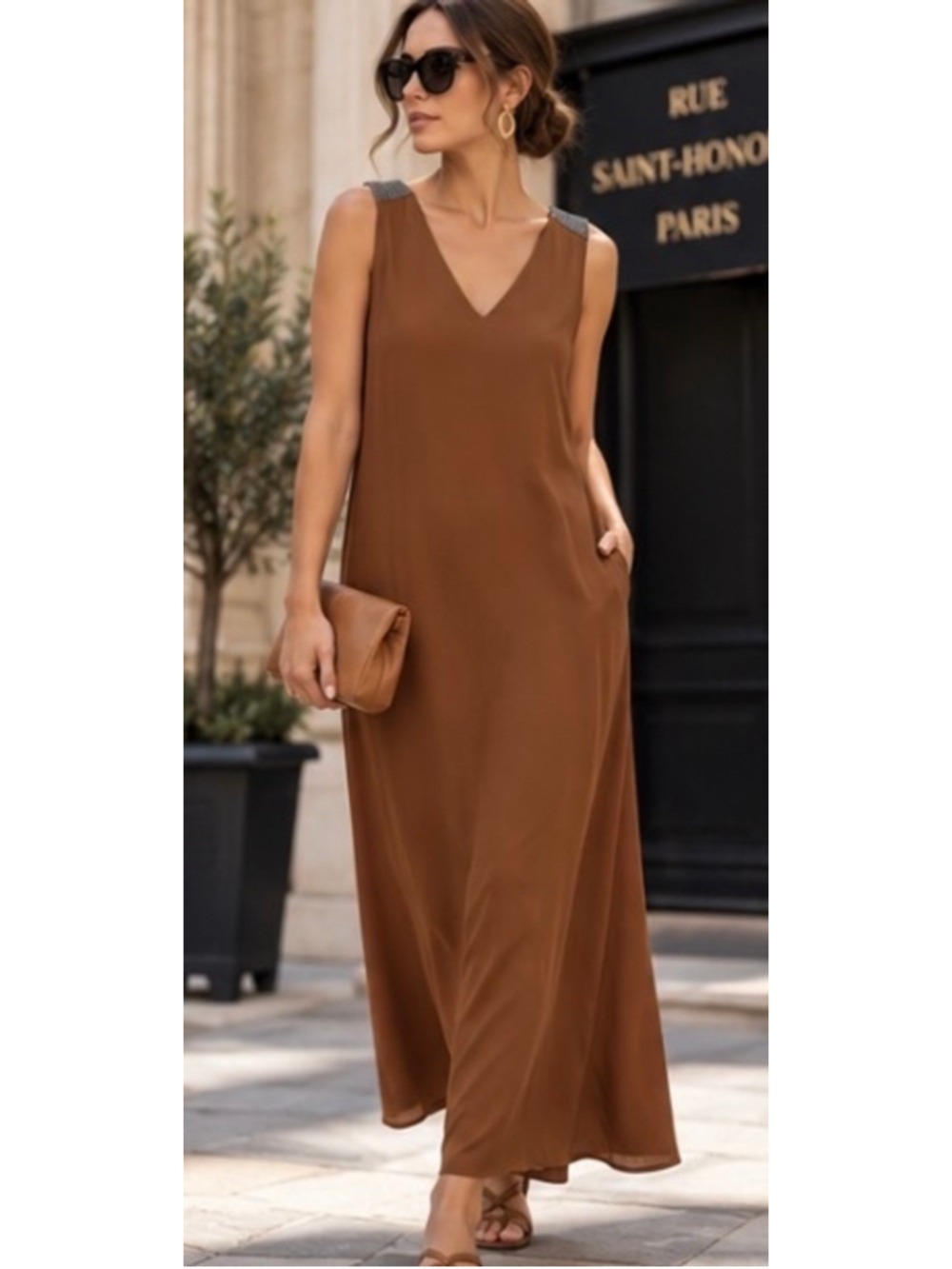 Fabiana Filippi Maxi Dress Size 10 Brown Silver Embellished New/Flaw Maxi